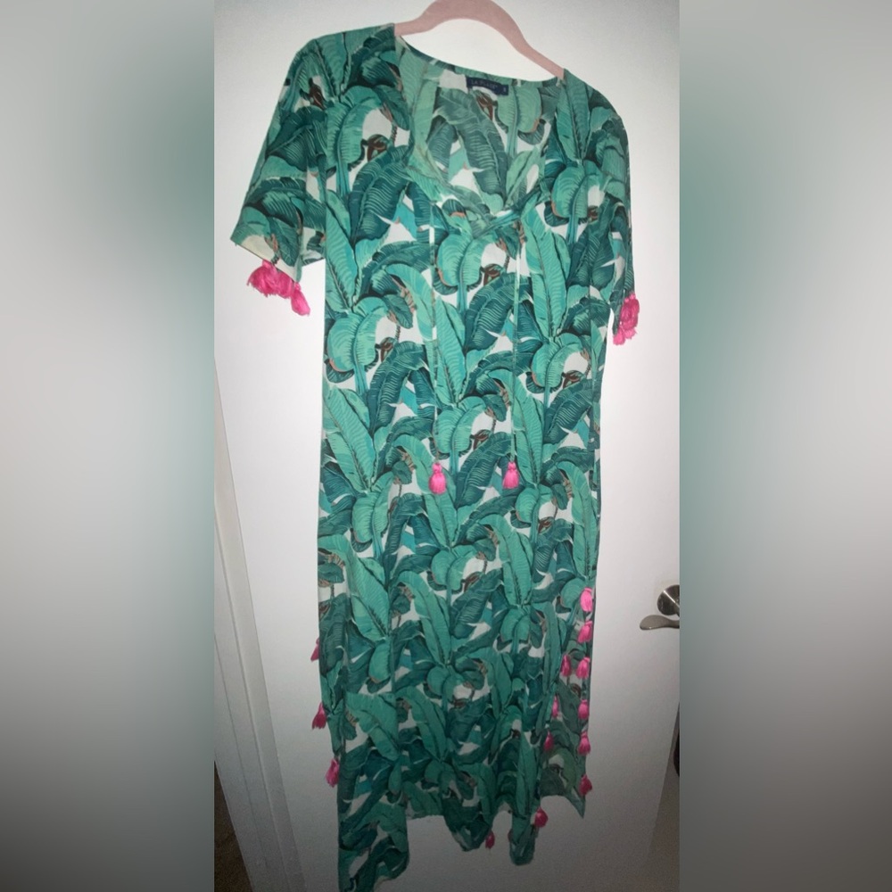La Plage Maxi Dress SMALL Green Leaf Pink Tassel Trim (missing some) sold As-is